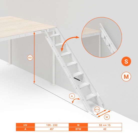 SCALA RICHIUDIBILE SALVA SPAZIO S BIANCA INCLINAZIONE 45° CON CORRIMANO