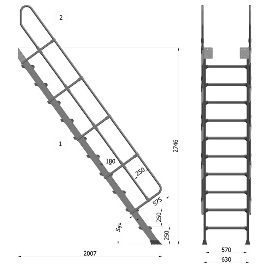 SCALA FISSA A 10 GRADINI CON INCLINAZIONE 54° ALTEZZA DI SBARCO m3,00