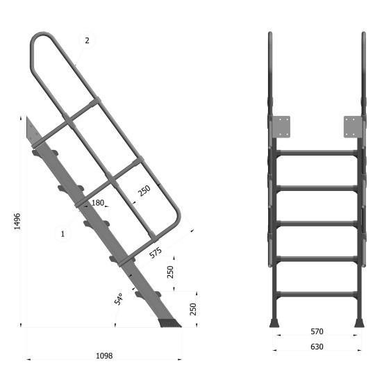 SCALA FISSA 5 GRADINI CON INCLINAZIONE 54° ALTEZZA DI SBARCO m1,75