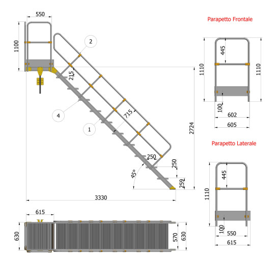 SCALA A 45° DA 10 GRADINI+PIATTAFORMA CON SBARCO A m 3,00