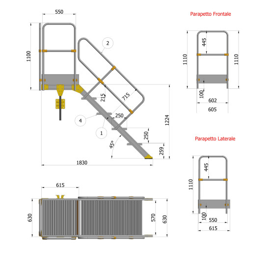 SCALA A 45° DA 04 GRADINI+PIATTAFORMA CON SBARCO A m 1,50