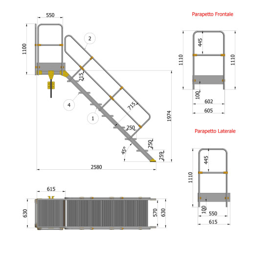 SCALA A 45° DA 07 GRADINI+PIATTAFORMA CON SBARCO A m 2,25