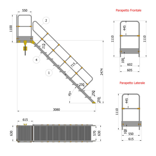 SCALA A 45° DA 09 GRADINI+PIATTAFORMA CON SBARCO A m 2,75